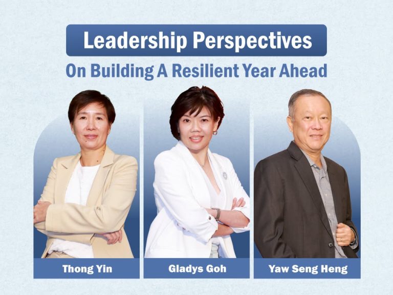 A banner featuring portraits of Thong Yin, Gladys Goh, and Yaw Seng Heng under the title "Leadership Perspectives On Building A Resilient Year Ahead".