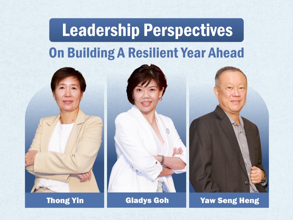 A banner featuring portraits of Thong Yin, Gladys Goh, and Yaw Seng Heng under the title "Leadership Perspectives On Building A Resilient Year Ahead".