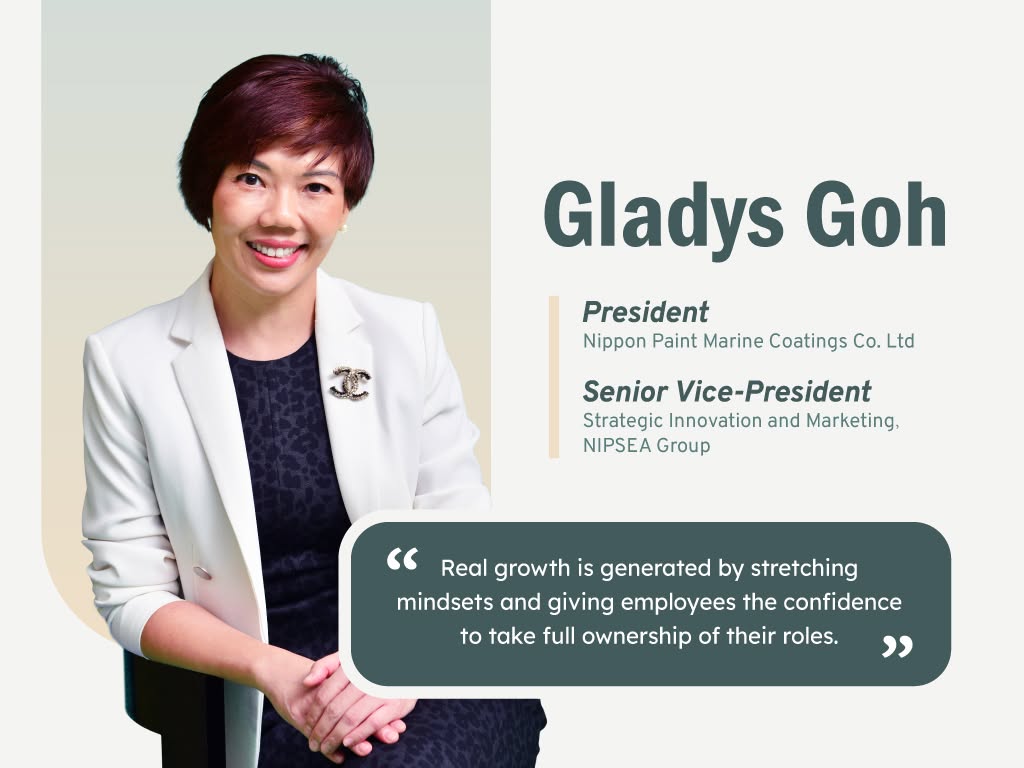 A profile graphic of Gladys Goh featuring her official titles and a quote about stretching mindsets and giving employees confidence.