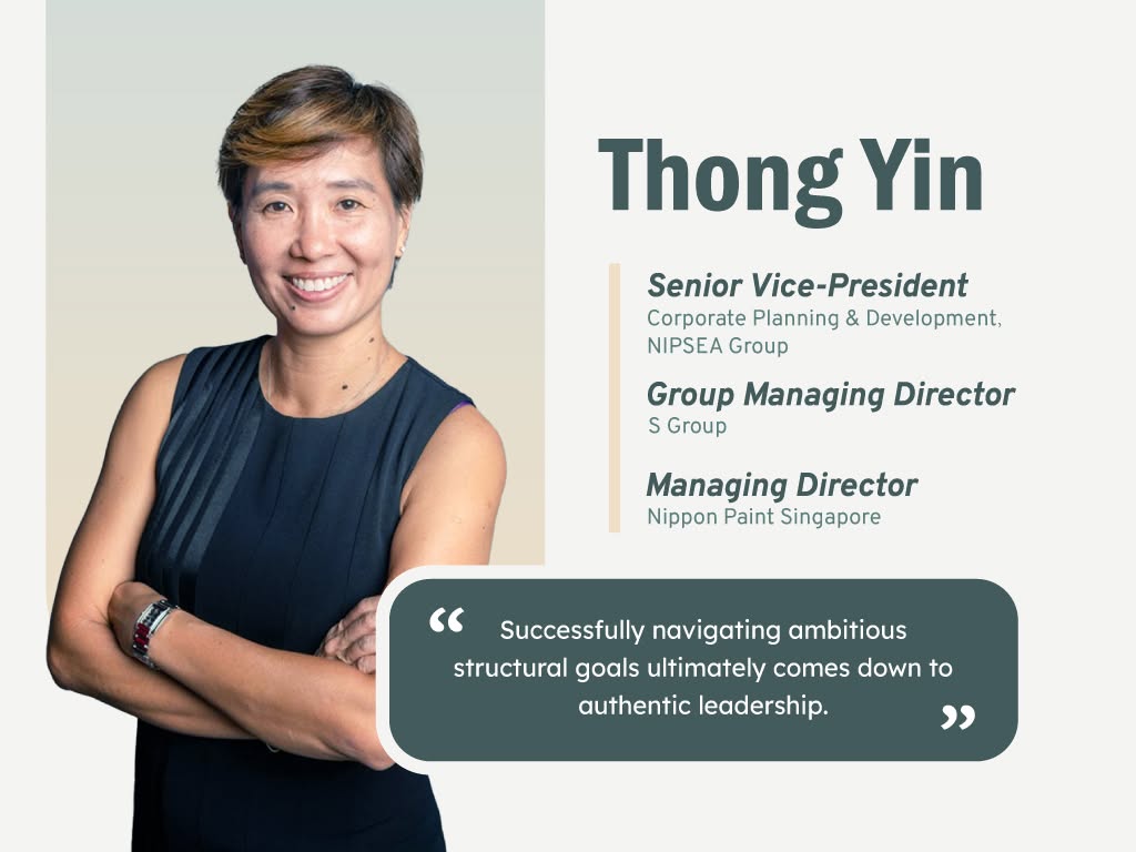 A profile graphic of Thong Yin featuring her official titles and a quote highlighting the importance of authentic leadership.