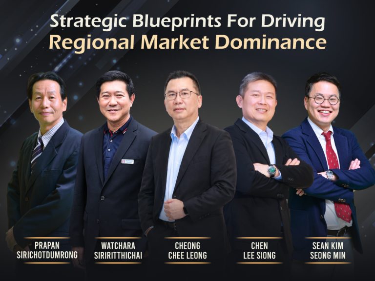 A group collage of five NIPSEA regional leaders: Prapan Sirichotdumrong, Watchara Siriritthichai, Cheong Chee Leong, Chen Lee Siong, and Sean Kim Seong Min against a dark background with gold accents.