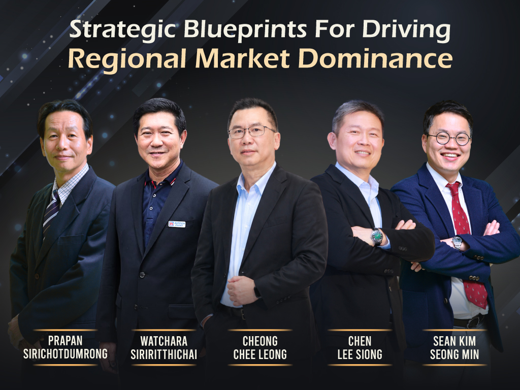 A group collage of five NIPSEA regional leaders: Prapan Sirichotdumrong, Watchara Siriritthichai, Cheong Chee Leong, Chen Lee Siong, and Sean Kim Seong Min against a dark background with gold accents.