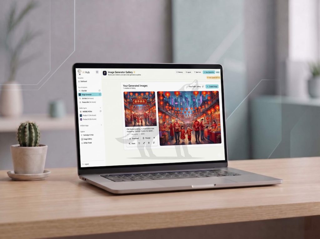 A laptop screen displaying the NIPSEA Advanced Image Generator interface, showcasing sample AI-generated Lunar New Year images.