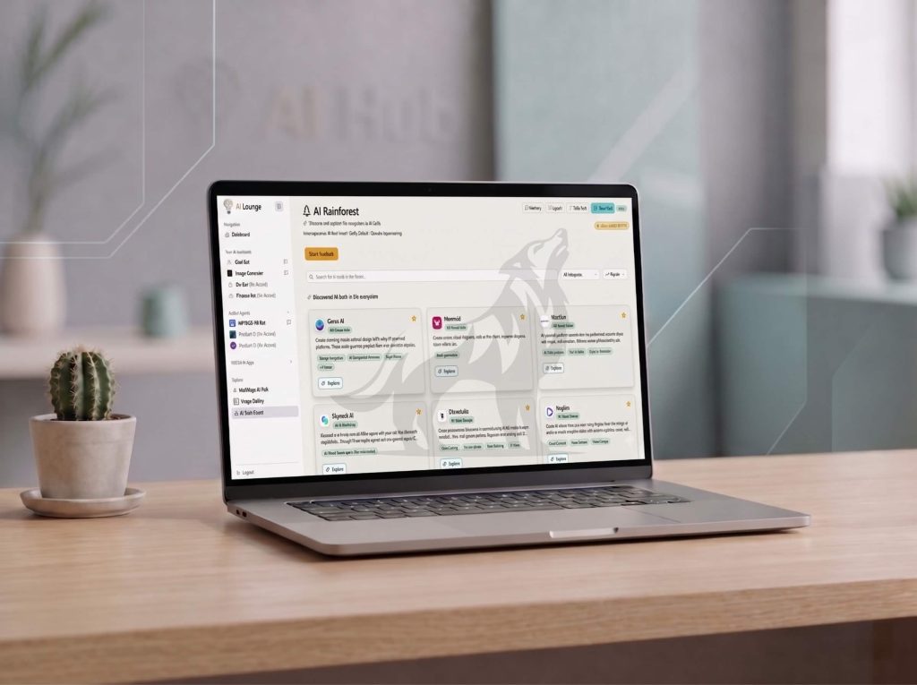 A laptop displaying the AI Rainforest toolkit interface, featuring a dashboard of various recommended AI applications.
