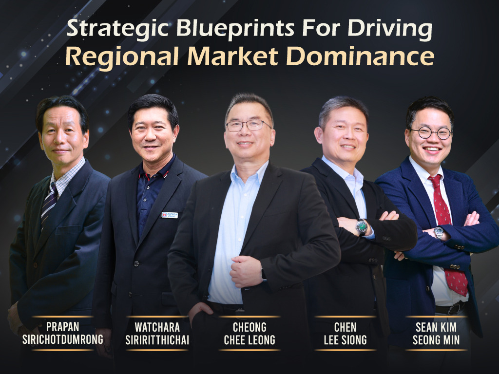 A group collage of five NIPSEA regional leaders: Prapan Sirichotdumrong, Watchara Siriritthichai, Cheong Chee Leong, Chen Lee Siong, and Sean Kim Seong Min against a dark background with gold accents.