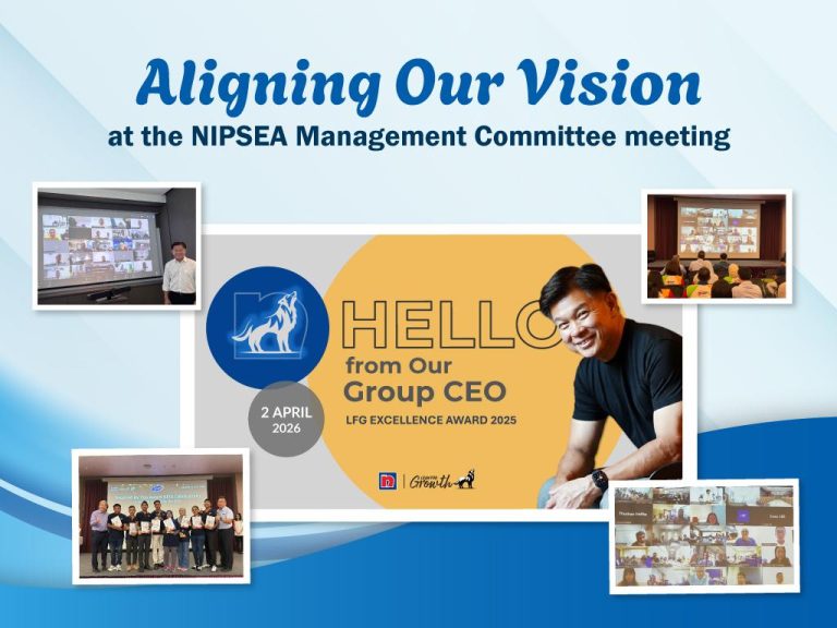 A collage of photos featuring Group CEO Wee Siew Kim, a global Zoom meeting screen, and local team members celebrating at an event.