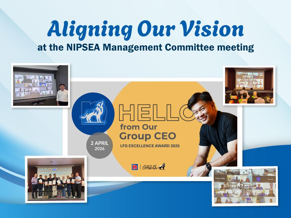 A collage of photos featuring Group CEO Wee Siew Kim, a global Zoom meeting screen, and local team members celebrating at an event.