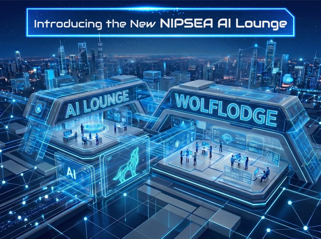 A futuristic digital cityscape representing the seamless integration of the NIPSEA AI Lounge and WolfLodge platforms.