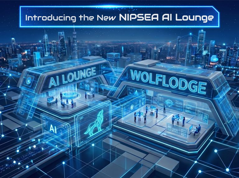 A futuristic digital cityscape representing the seamless integration of the NIPSEA AI Lounge and WolfLodge platforms.