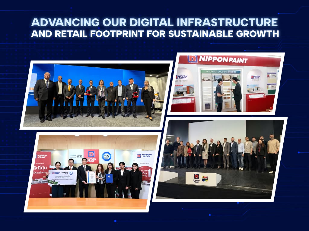 A collage of visuals featuring a digital transformation concept, a team receiving a manufacturing award on stage, and executives proudly displaying an environmental certification.
