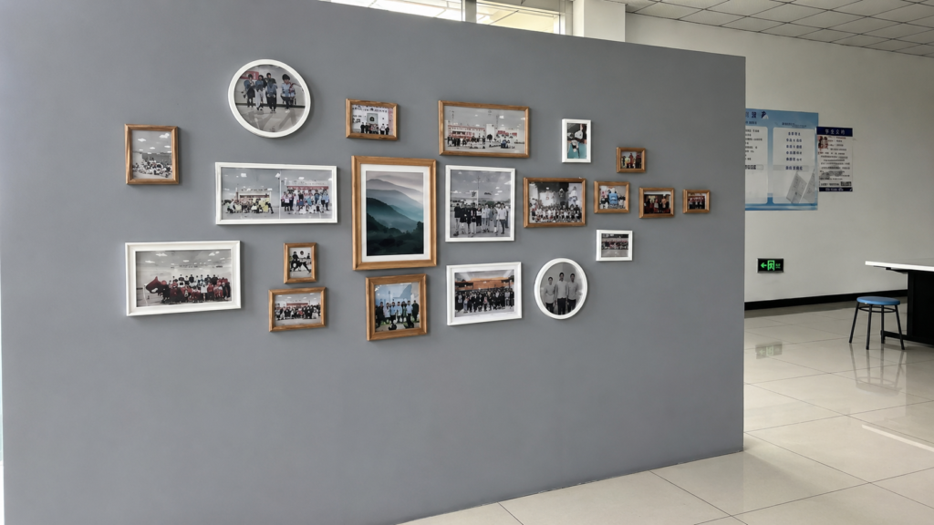 A grey partition wall in a bright cafeteria decorated with a gallery of framed team photographs.