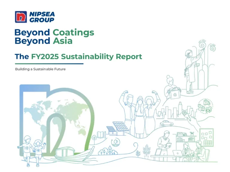 The cover page of the NIPSEA Group FY2025 Sustainability Report featuring line art of people, communities, and sustainable environments.