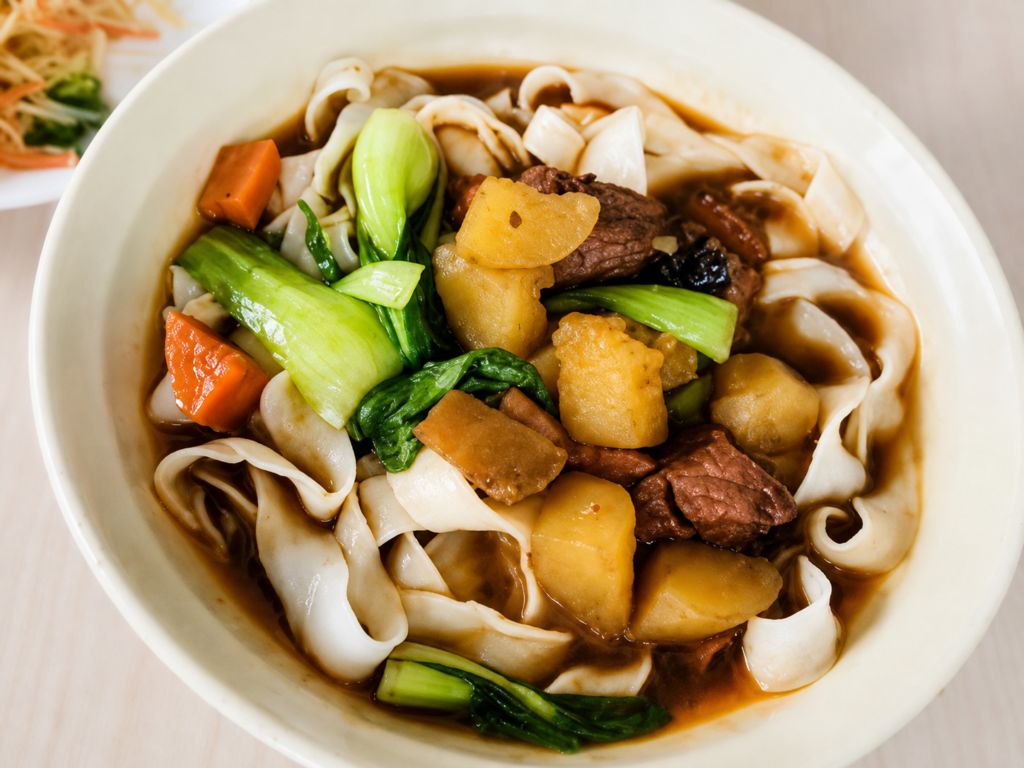 A hearty bowl of flat noodles topped with braised meat, potatoes, and fresh greens.