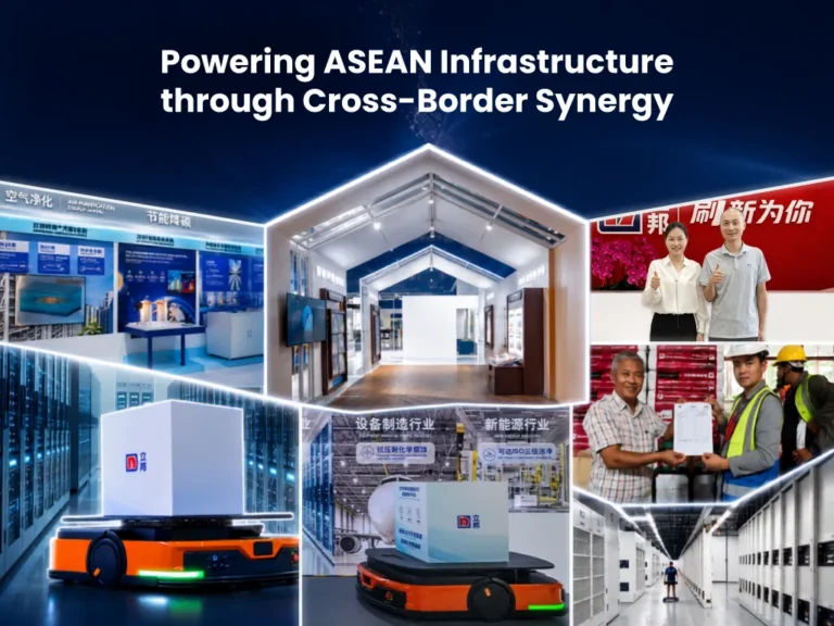 A collage of Nippon Paint's cross-border infrastructure projects and exhibition displays.